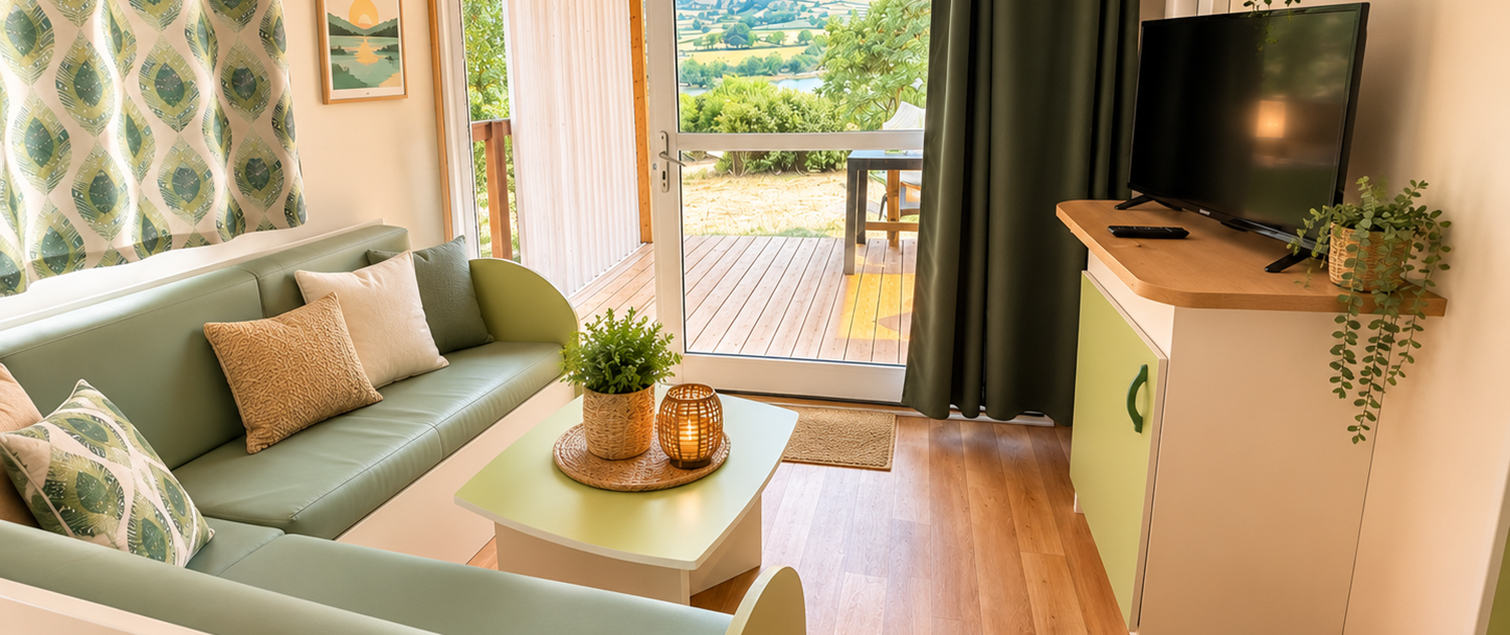 Überdachte Holzterrasse des Ferienchalets „Morea“, das auf dem Campingplatz Saint-Point Lamartine in Burgund vermietet wird