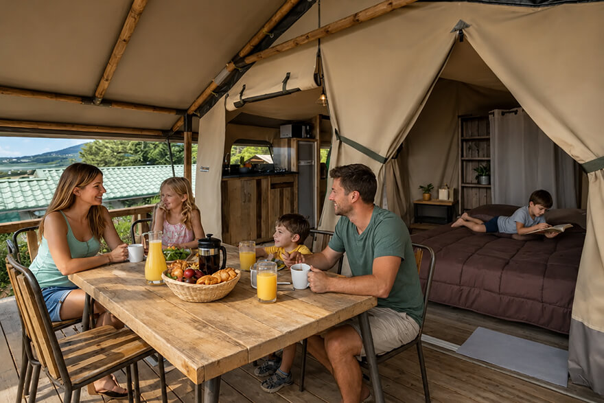 Vue intérieure de la tente Écolodge premium : hébergement insolite en Bourgogne au camping de Saint-Point Lamartine en Bourgogne