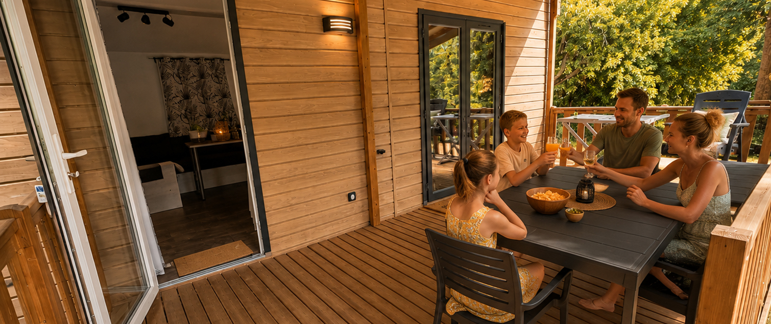 Terrasse du mobil-home 2 chambres en location en Bourgogne au camping de Saint-Point Lamartine en Saône-et-Loire